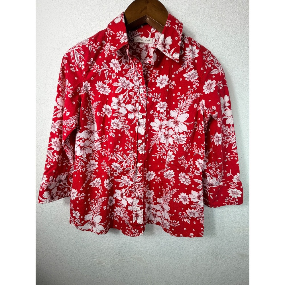 Coldwater Creek Girls Shirt Red PM 10-12 Floral Button Down 3/4 Sleeve Top